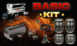 basic air suspension kit. viair 444c, double bellow air bags, air house 2, air tank, fittings, air line, pressure switch, relay. Air ride set up, on board air 